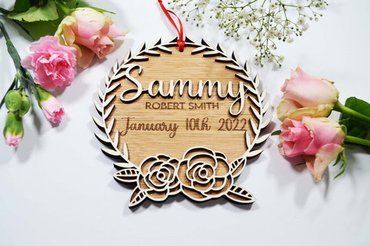 Wooden Personalised Baby Announcement Sign/Plaque - Rose Design